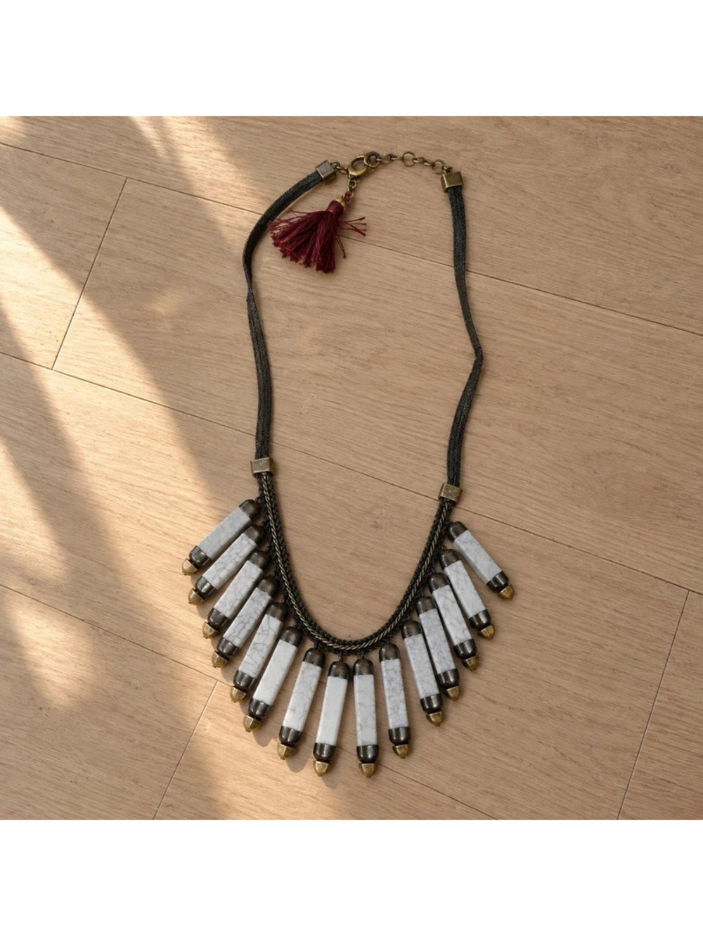 Boho Marble Look Dangle Statement Necklace Suede Tie Bib Festival Jewelry